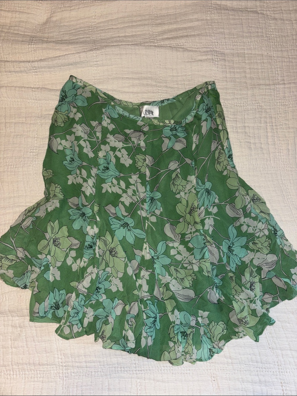 LOFT Green Floral Ruffled Skater Skirt